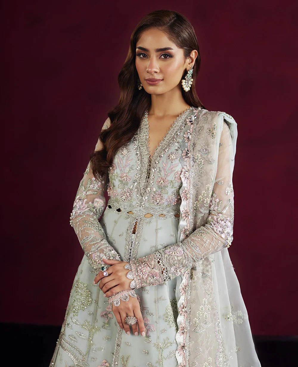 Aqua blue embroidered organza suit Salmaqadir