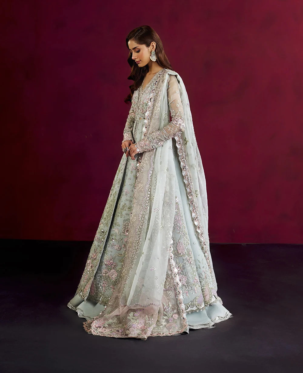 Aqua blue embroidered organza suit Salmaqadir