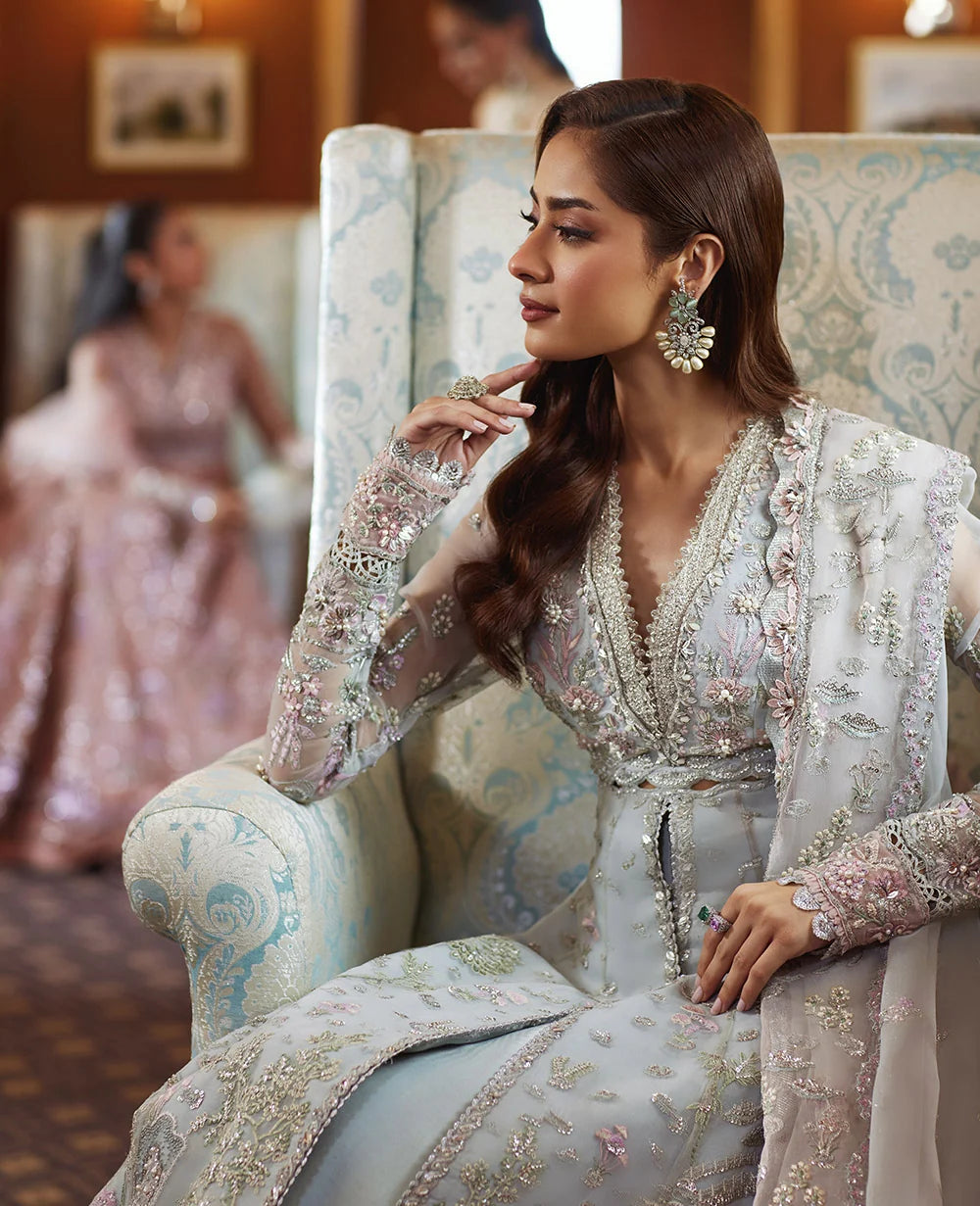 Aqua blue embroidered organza suit Salmaqadir