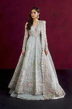 Aqua blue embroidered organza suit Salmaqadir