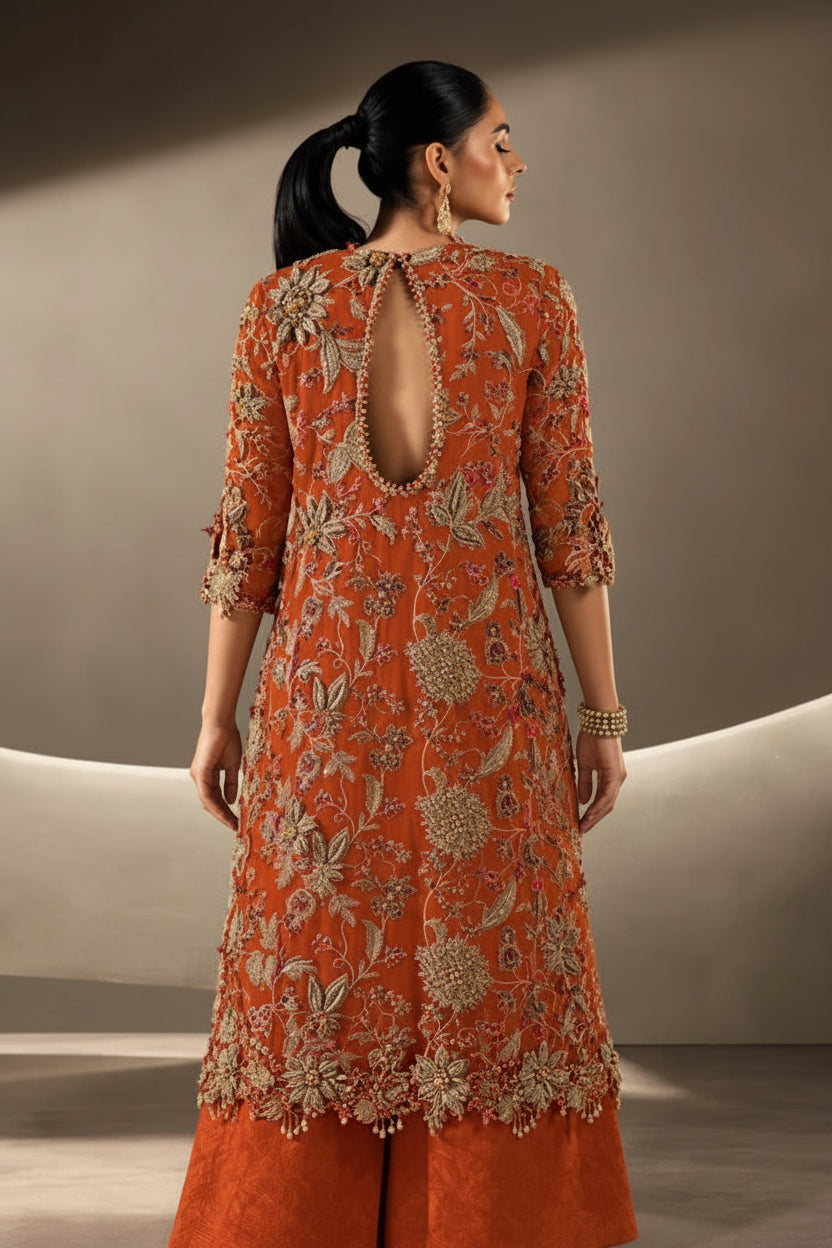 Burnt orange embellished formal suit | SalmaQadir