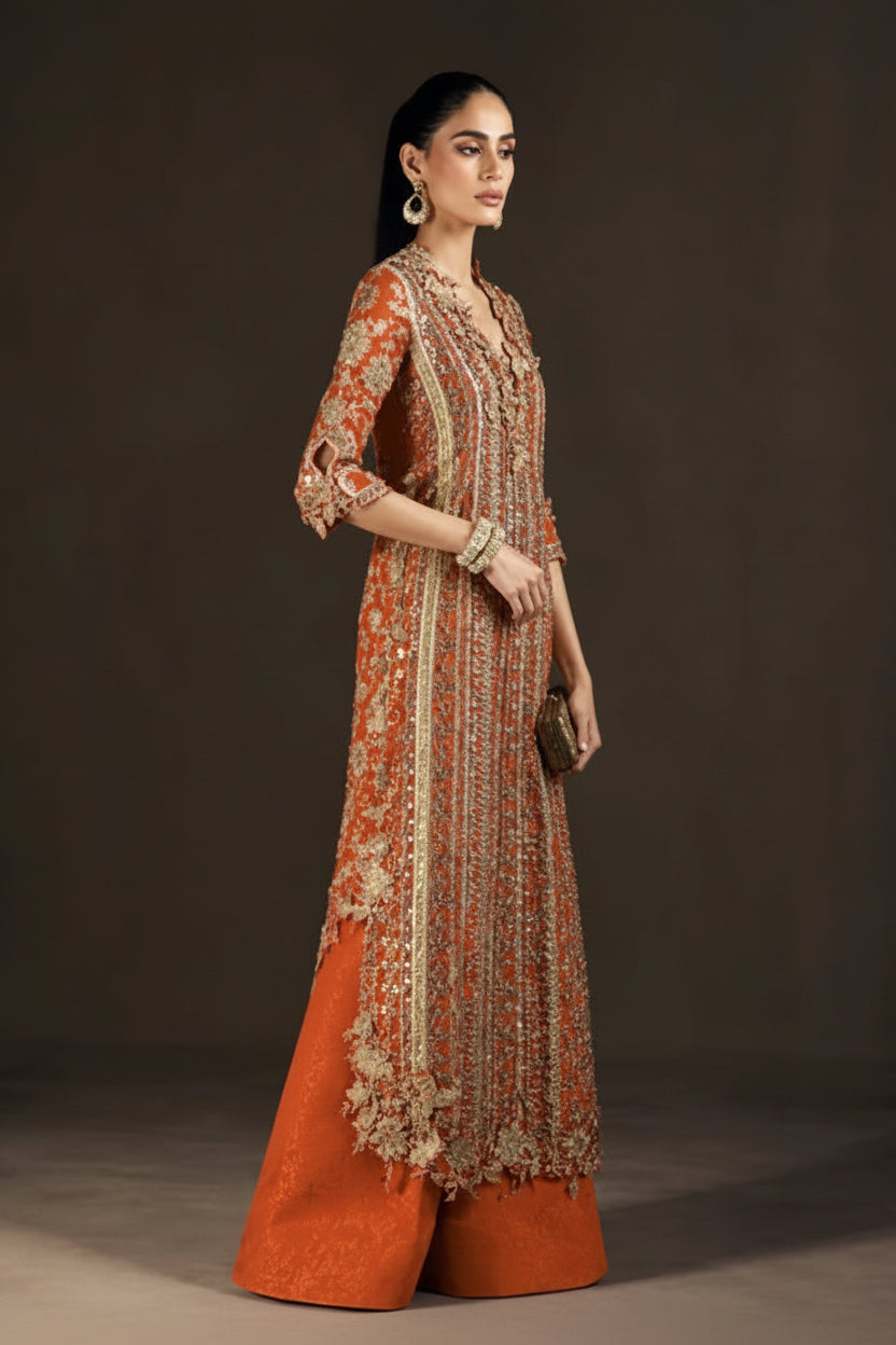 Burnt orange embellished formal suit | SalmaQadir