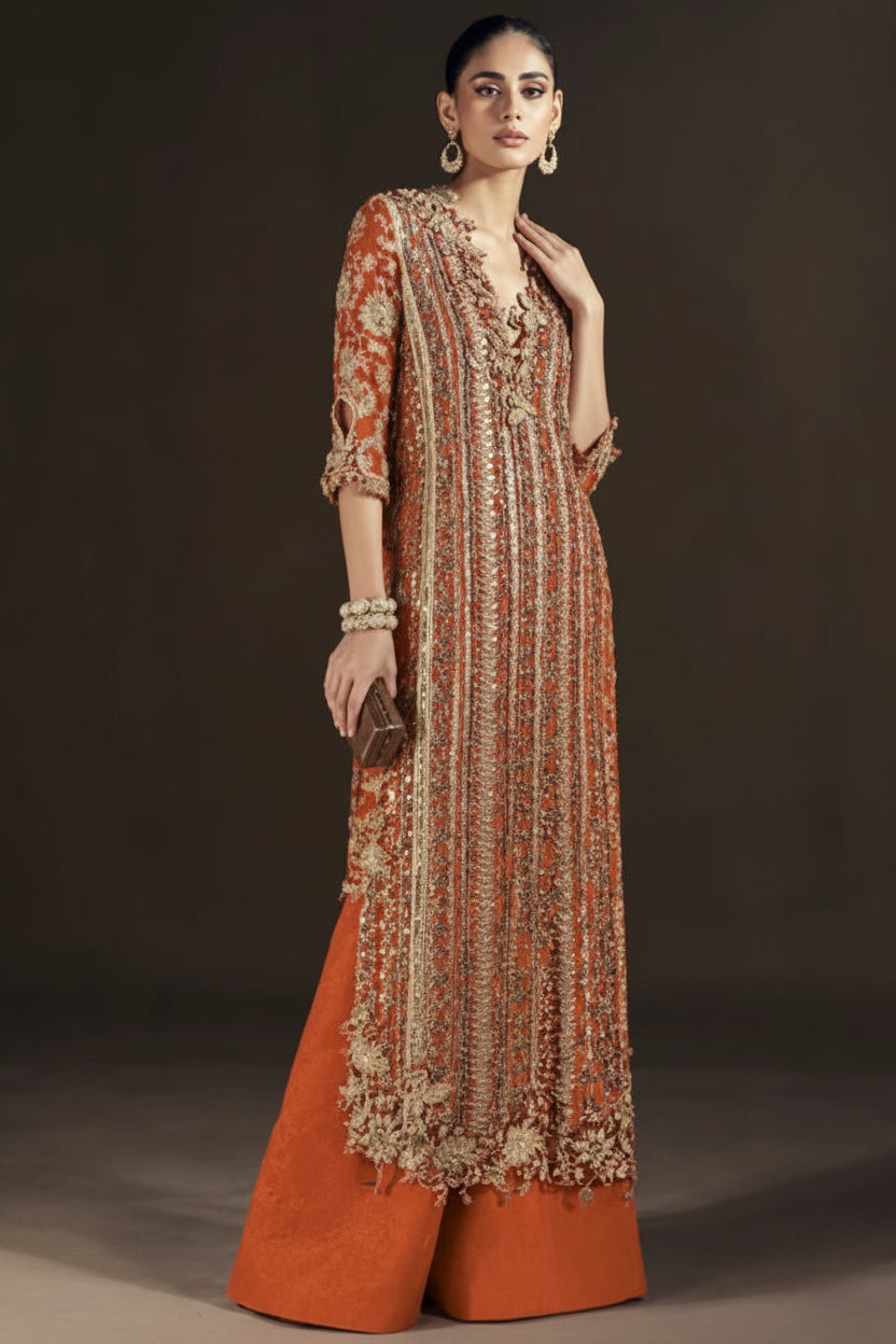 Burnt orange embellished formal suit | SalmaQadir