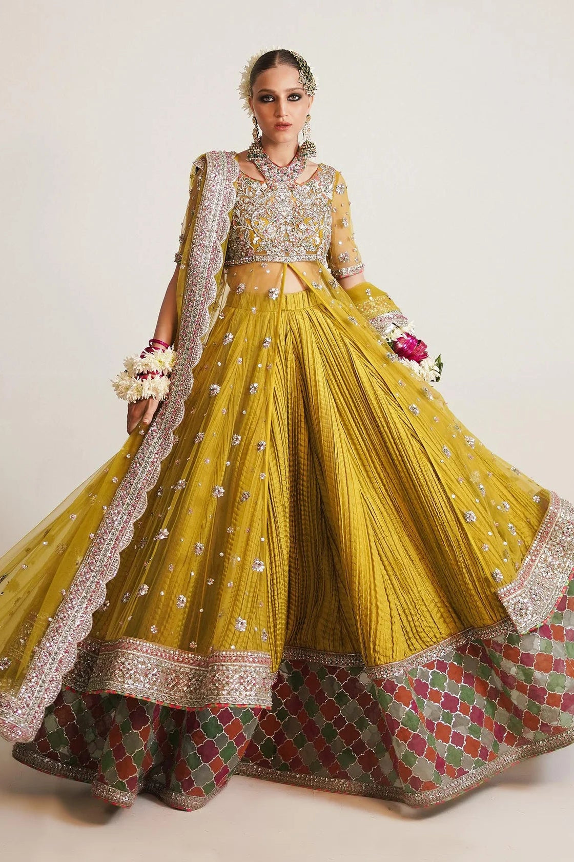 MOORE lime yellow embroidered peshwas suit | Salmaqadir