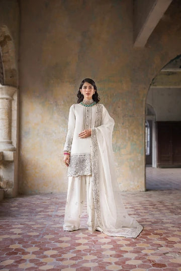 Hoorain – White Embroidered Formal Suit for Women