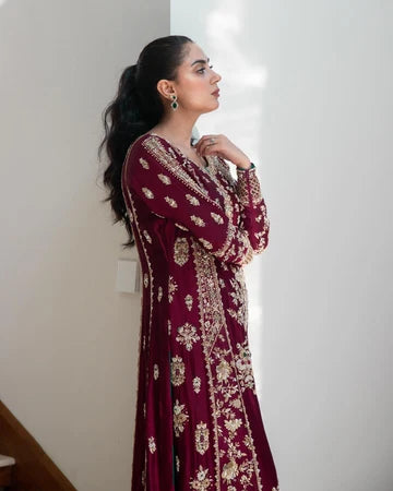 Mah-e-Gul – Maroon Embroidered Pakistani Formal Suit for Women